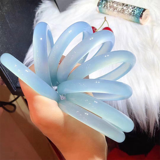 Ice Blue Chalcedony Bracelet Women's Thin Round Agate Chinese Style Jewelry Jade